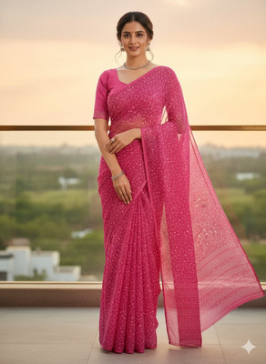 Anugrah Textile Solid/Plain Banarasi Lycra Blend, Chiffon Saree(Pink)