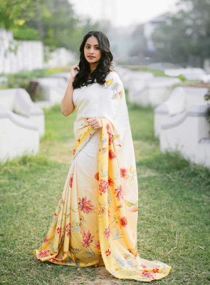 STAVA CREATION Printed Bollywood Satin Saree(Yellow)