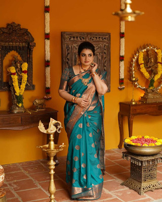 The Style Sanctuary Woven, Self Design Banarasi Silk Blend Saree(Dark Blue)