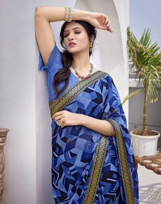 YASHIKA Printed Bollywood Georgette, Lace Saree(Blue)