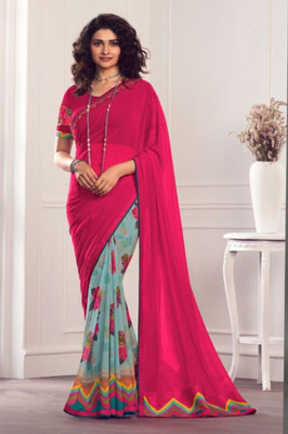 Hensi sarees shop Woven Assam Silk Georgette, Art Silk Saree(Pink, Blue)