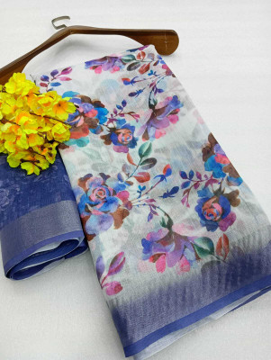 Saaransh Floral Print Kanjivaram Linen, Cotton Silk Saree(Multicolor)