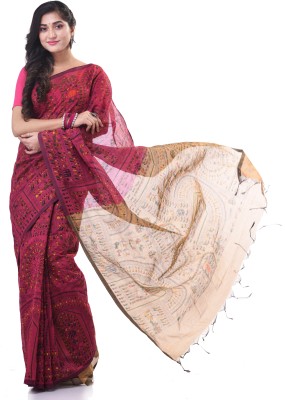 Desh Bidesh Printed Handloom Cotton Blend Saree(Red, Yellow)
