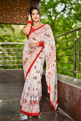 Sumit Textiles Digital Print, Printed Ikkat Pure Cotton Saree(Red, White)