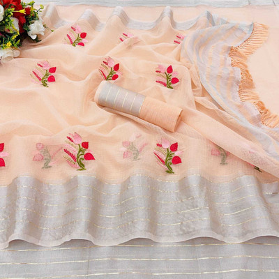 Vikash fab Self Design Chettinadu Linen Saree(Orange, Silver)