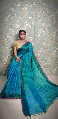 Anjali textile Solid/Plain Handloom Cotton Silk Saree(Blue)