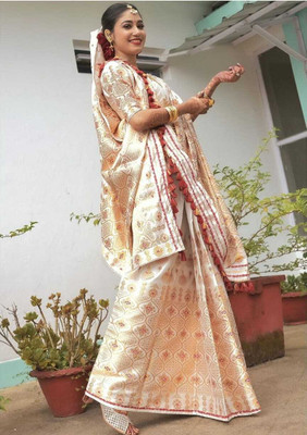 rosecloud Woven Mekhela Chador Silk Blend Saree(Cream)