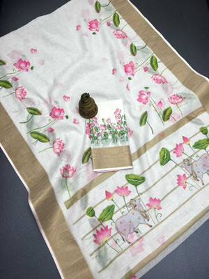 het designer studio Floral Print Bollywood Cotton Linen Saree(White, Pink)