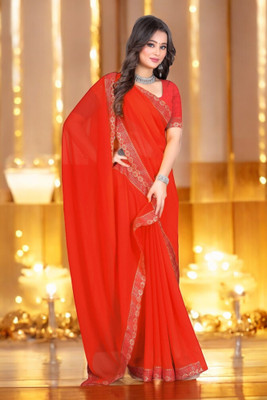 Kasumbo Tex Self Design, Embroidered Daily Wear Georgette Saree(Red)