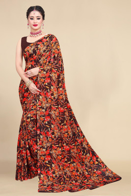 KISSAH Printed Bollywood Georgette Saree(Brown)