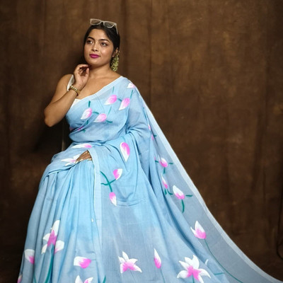 Aquiliq Floral Print Handloom Pure Cotton Saree(Light Blue)