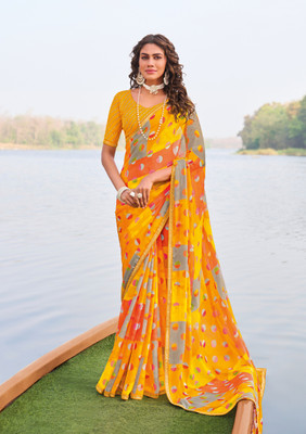 Laxmipati Sarees Printed Saree with Attached Blouse Georgette Saree(Yellow)