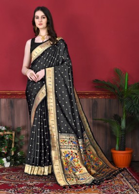 YUG ART Woven Paithani Pure Silk Saree(Black)