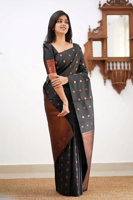 REDFISH Printed Kanjivaram Pure Silk, Art Silk Saree(Black)
