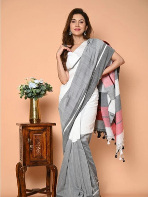 HouseOfCommon Solid/Plain Handloom Cotton Blend Saree(White, Grey)