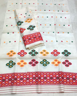 AREEVANZ Self Design Mekhela Chador Cotton Blend Saree(White)