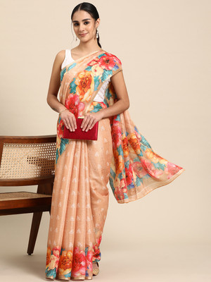 Divastri Floral Print Banarasi Cotton Blend Saree(Orange)