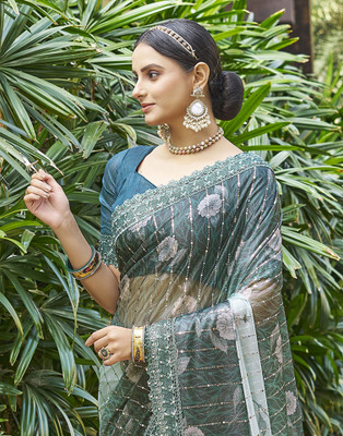 Samah Self Design, Embellished Bollywood Lycra Blend Saree(Dark Green)