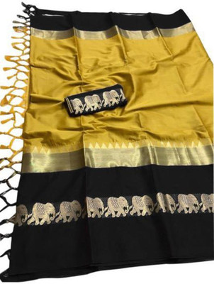 Vishal Creations Solid/Plain Assam Silk Cotton Silk Saree(Mustard, Black)