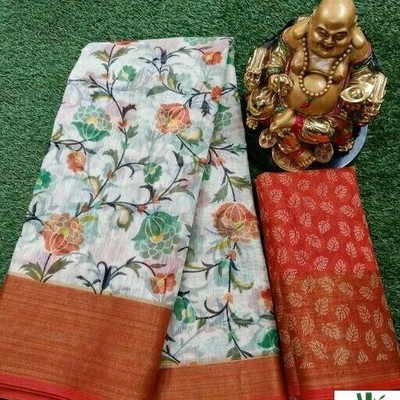 Grubstaker Printed Daily Wear Cotton Linen Saree(Orange)
