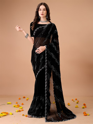 Leelavati Embroidered, Embellished Bollywood Georgette Saree(Black)