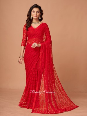 VANRAJ CREATION Self Design Bollywood Net Saree(Red)