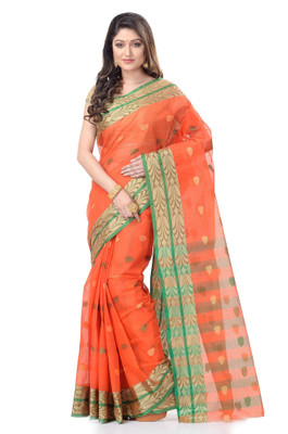 Desh Bidesh Woven, Striped, Self Design Handloom Handloom Cotton Blend, Pure Cotton Saree(Orange)