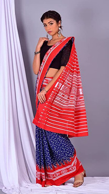 RAMNATHS Printed, Color Block, Blocked Printed Daily Wear Pure Cotton Saree(Red, Blue)