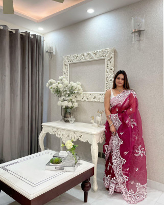 Trivety Embroidered Bollywood Net Saree(Magenta)