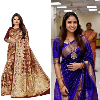 Hinayat Fashion Self Design, Printed, Embroidered, Embellished, Woven Kanjivaram Cotton Silk, Silk Blend Saree(Pack of 2, Blue, Maroon)