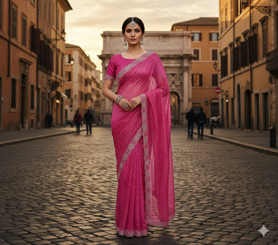 Sudev fashion Embellished Bollywood Net Saree(Pink)