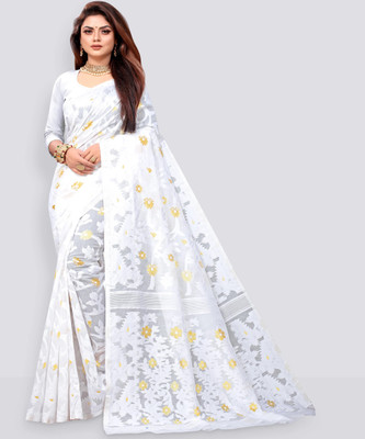ANISSA SAREE Self Design Jamdani Cotton Blend Saree(White)