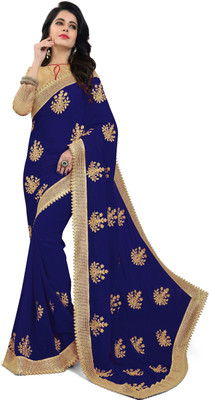 Om Shantam sarees Embroidered Bollywood Georgette Saree(Dark Blue)