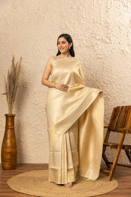 SHREE SANT SAREES Solid/Plain Banarasi Art Silk Saree(Pack of 2, Cream)