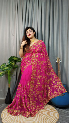 Dona Sharee Embroidered Bollywood Silk Blend Saree(Pink)