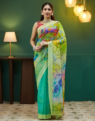Satrani Digital Print, Geometric Print Daily Wear Georgette Saree(Multicolor, Green)