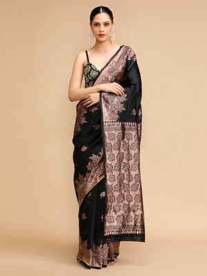 House of Pataudi Woven Daily Wear Silk Blend Saree(Black)