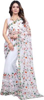 G JELLY FASHION TREE Embroidered Bollywood Net Saree(White)