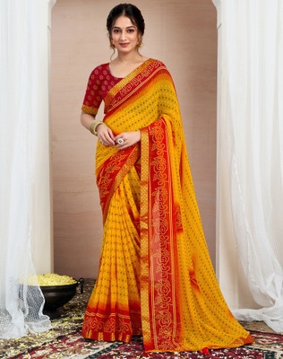 Divastri Printed, Embellished Bandhani Chiffon, Georgette Saree(Red, Yellow)