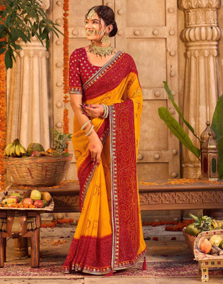 Samah Printed, Embroidered, Embellished Bandhani Georgette Saree(Yellow, Red)