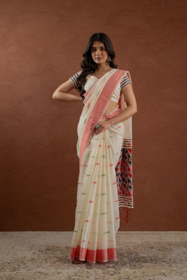 Vichitra Woven, Self Design Handloom Pure Cotton, Jacquard Saree(White)