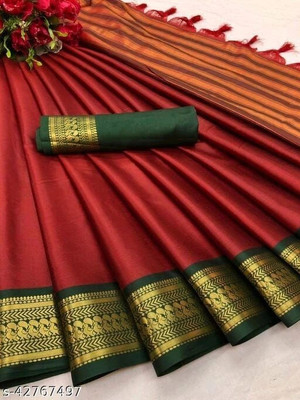 Juhi Collection Woven, Embellished, Solid/Plain Kanjivaram Art Silk, Cotton Silk Saree(Red)