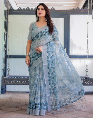 Satrani Printed, Embellished Bollywood Linen Saree(Blue)