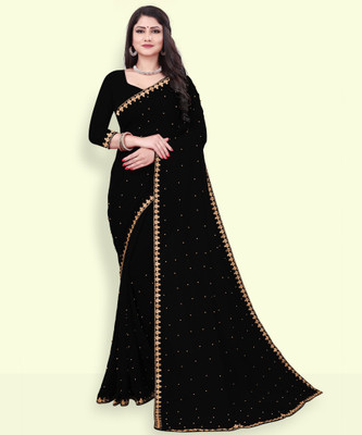 Anugrah Textile Solid/Plain Banarasi Lycra Blend, Chiffon Saree(Brown)