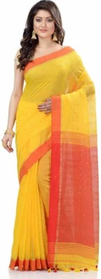 htj Woven Handloom Cotton Linen Saree(Yellow, Red)