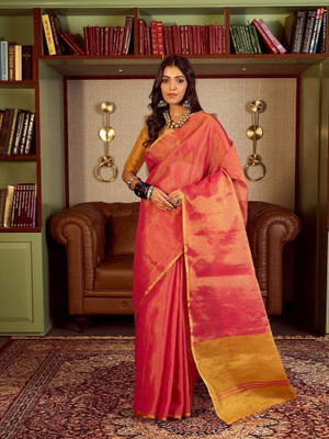 Urbanari Woven, Self Design Banarasi Tissue, Silk Blend Saree(Pink)
