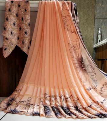 Bombey Velvat Fab Printed, Solid/Plain Kasavu Mulmul, Chiffon Saree(Orange)