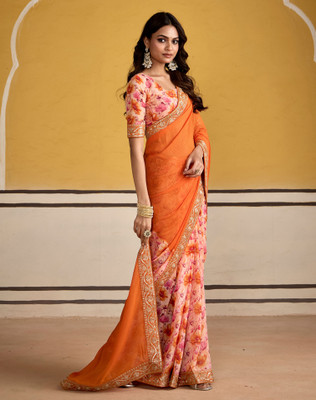 SIRIL Embroidered Daily Wear Lace, Georgette Saree(Pink, Orange)