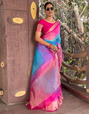 KOTHARI KS Solid/Plain Bandhani Organza Saree(Light Blue)