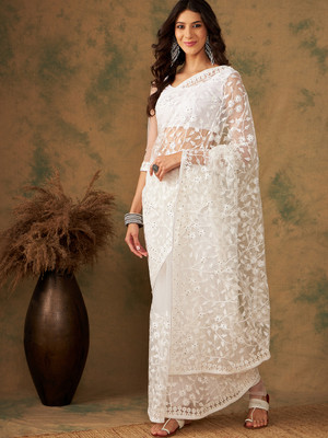 manvaa Embroidered Bollywood Net Saree(White)
